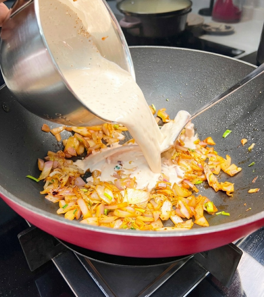 Eine hellrosa Cremesauce wird aus einer Edelstahlschüssel in einen Wok mit angedünsteten Zwiebeln und Aromaten gegossen.