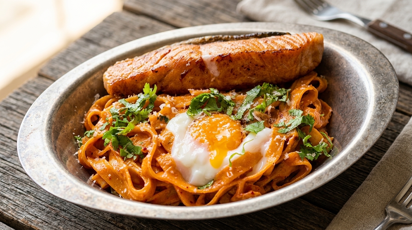 Lachs-Kimchi-Pasta: Scharfe, leichte Cremenudeln mit Onsen-Ei