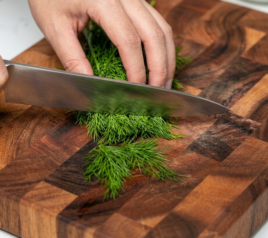 Frischer grüner Dill wird mit einem großen Messer auf einem Holzbrett fein gehackt.