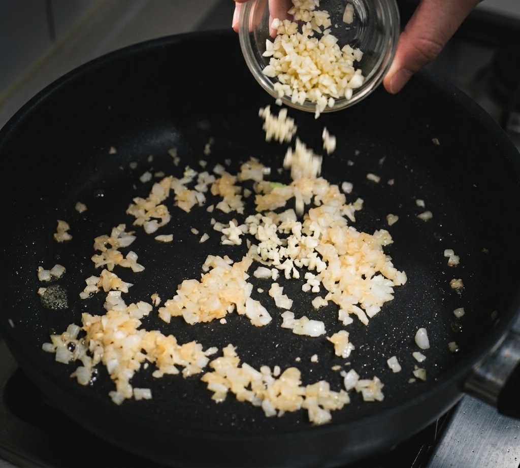 Gehackter Knoblauch wird aus einer kleinen Glasschale in die Pfanne zu den angeschwitzten Zwiebeln gegeben.