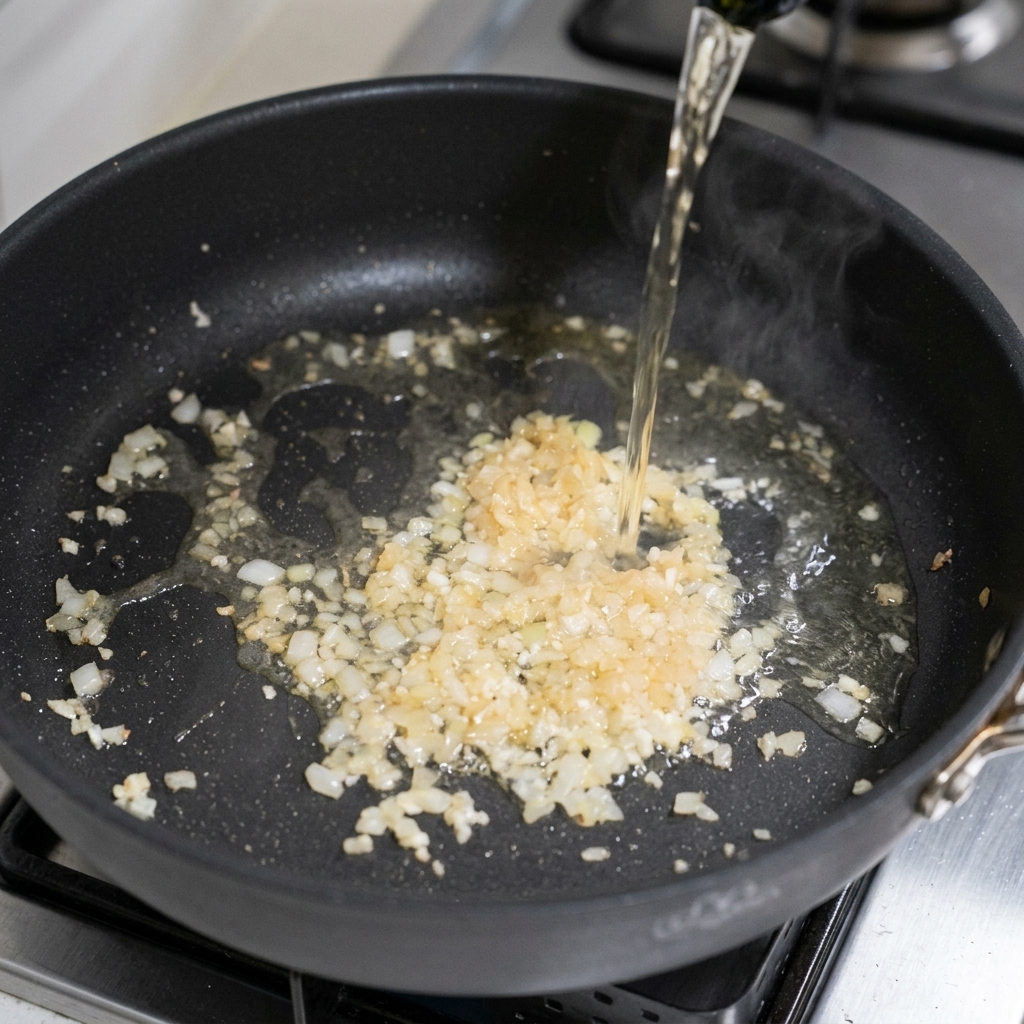 Ein Schluck Weißwein wird in die Pfanne gegossen, um die Zwiebeln und den Knoblauch abzulöschen.