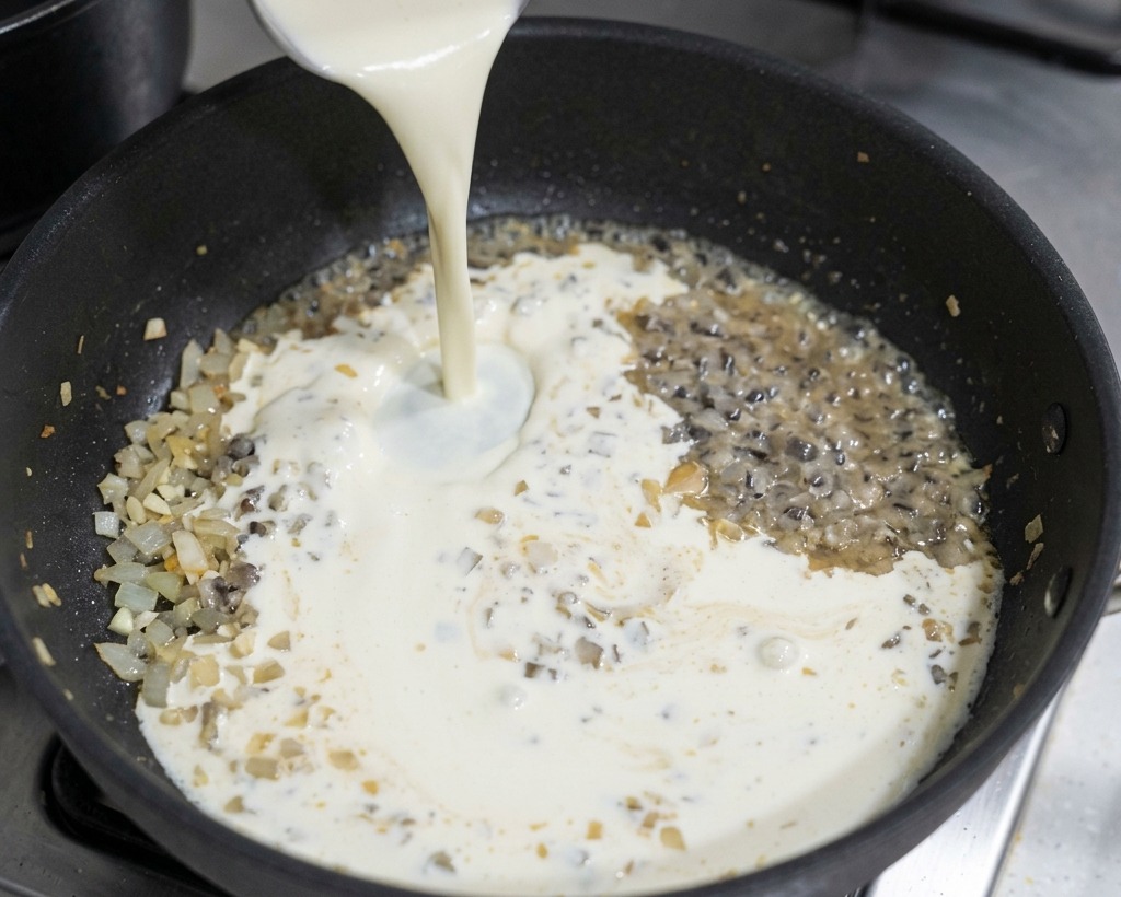 Schlagsahne wird in eine schwarze Bratpfanne zu den angeschwitzten Zwiebeln und dem Wein gegossen, um eine helle Sauce zu kreieren.
