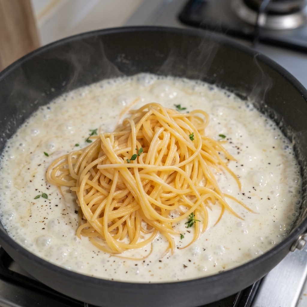 Eine Portion gekochte Spaghetti wird direkt in die Pfanne mit der leicht köchelnden Sahnesauce gegeben.