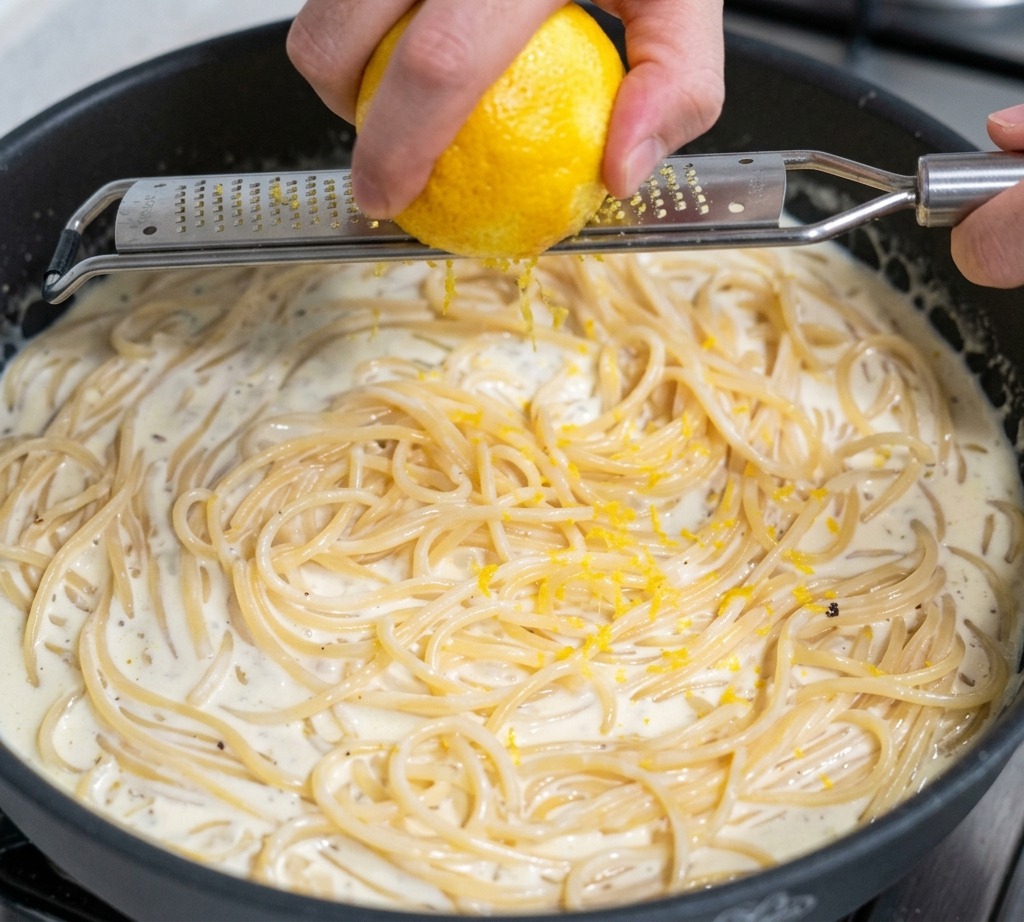 Eine Hand reibt mit einer Reibe frische, gelbe Zitronenschale über die Pfanne mit der cremigen Pasta.
