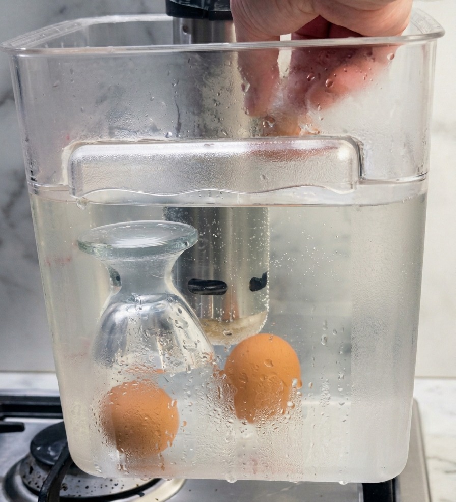 Eine Hand legt braune Eier vorsichtig in ein transparentes Wasserbad, das mit einem Sous-Vide-Präzisionskocher ausgestattet ist.