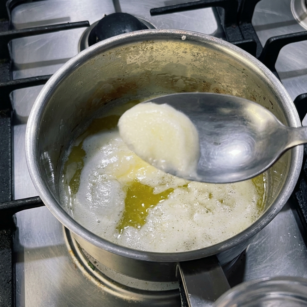 Ein Edelstahltopf auf dem Herd mit geschmolzener, goldgelber Butter, von deren Oberfläche weißer Schaum mit einem Löffel abgeschöpft wird.