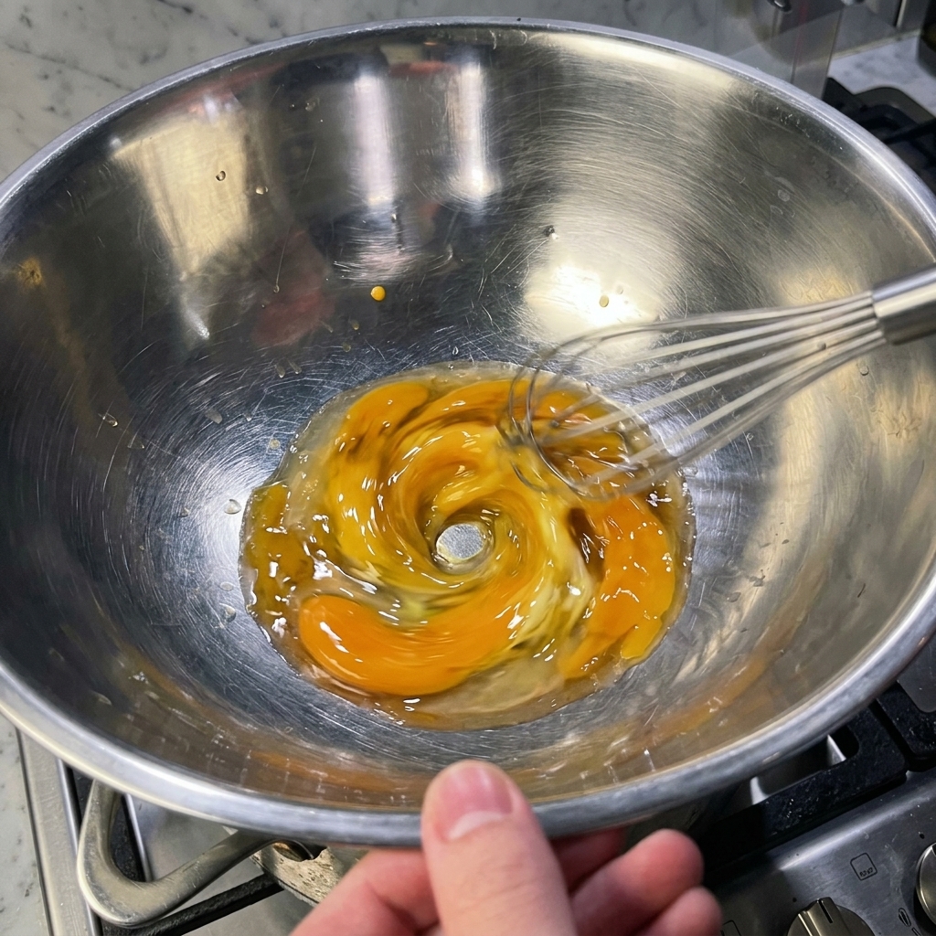 Eine Edelstahlschüssel mit leuchtend gelbem Eigelb, das mit einem Schneebesen schwungvoll cremig geschlagen wird.