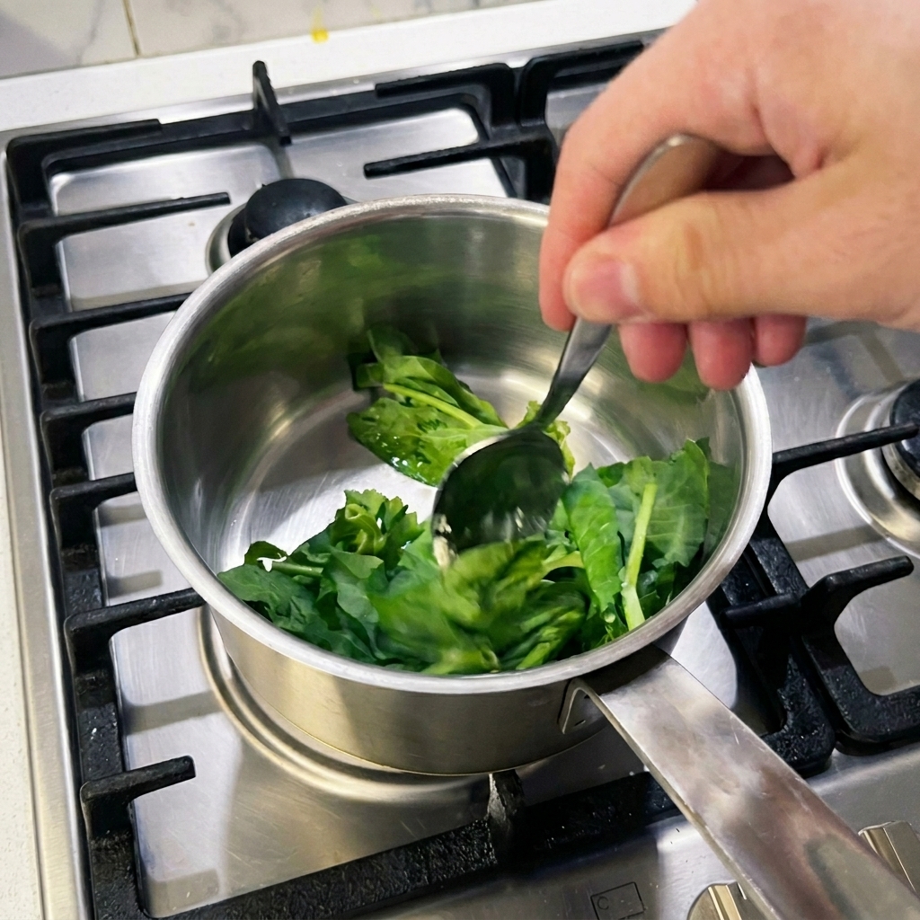 Ein Löffel rührt knackig grüne Erbsensprossen in einem kleinen Edelstahltopf mit geschmolzener Butter um.