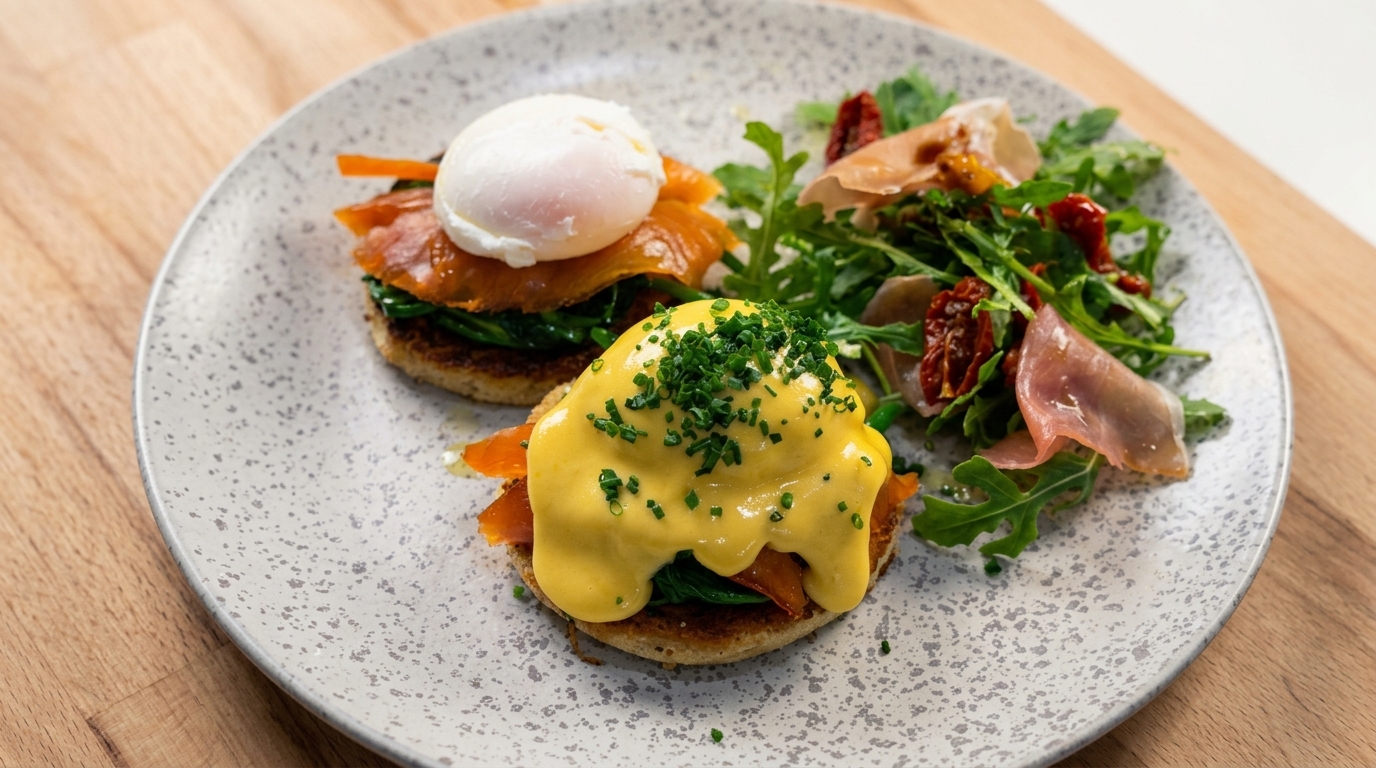 Klassische Eggs Royale: Eggs Benedict mit Räucherlachs auf Brioche