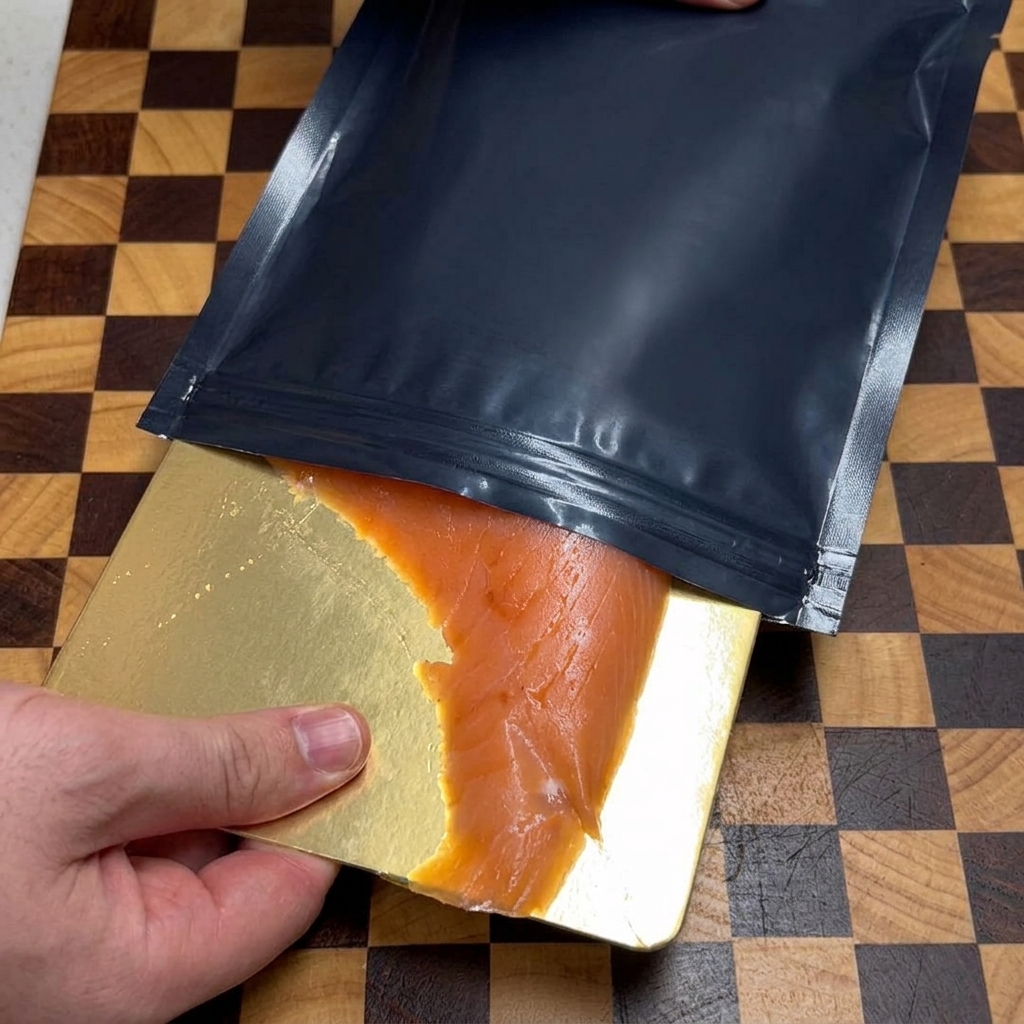 Eine Hand zieht eine große Scheibe orangefarbenen Räucherlachs aus einer schwarzen Kunststoffverpackung auf ein kariertes Holzbrett.