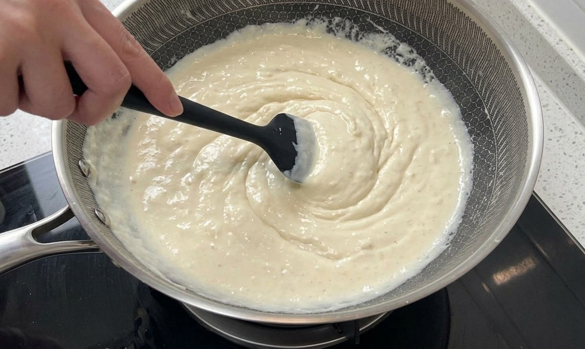 Ein schwarzer Pfannenwender rührt eine weiße, blubbernde Sahnesauce mit kleinen orangefarbenen Räucherlachsstreifen in einer silbernen Pfanne.