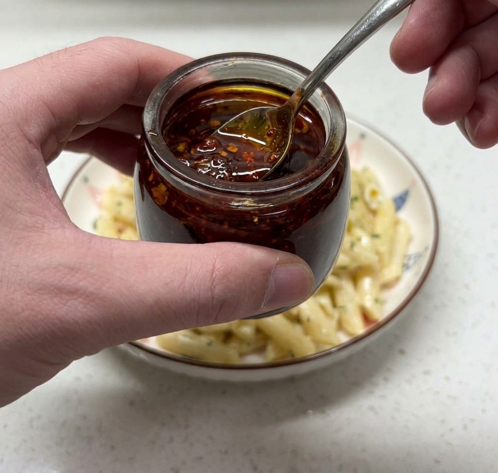 Eine Hand hält einen Löffel und ein kleines Glas und träufelt leuchtend rotes Chiliöl über die angerichtete cremige Lachspasta.
