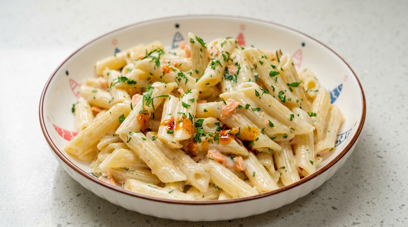 Eine Schale samtige Penne mit feinem Räucherlachs, frischer Petersilie und einem Spritzer würzigem Chiliöl.