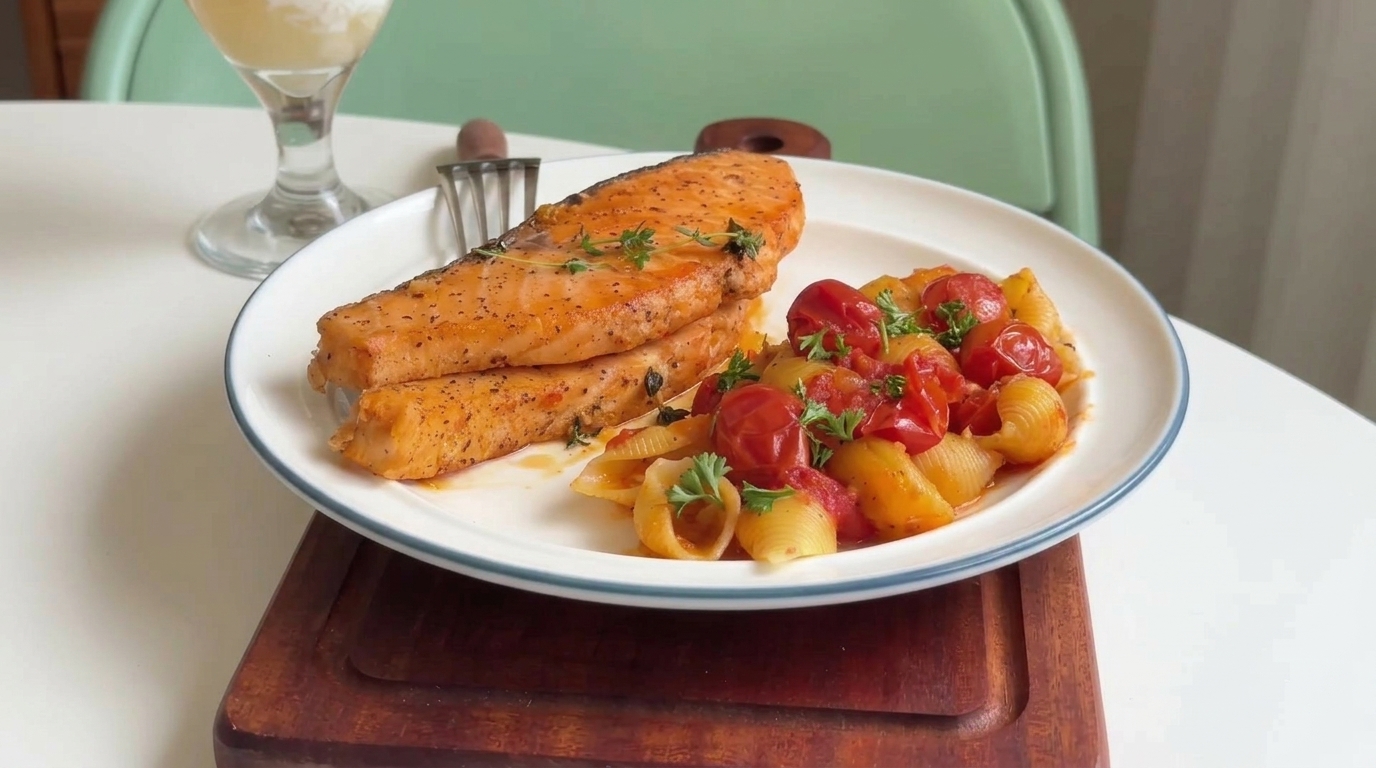 Knusprig gebratenes Lachsfilet auf Tomaten-Muschelnudeln
