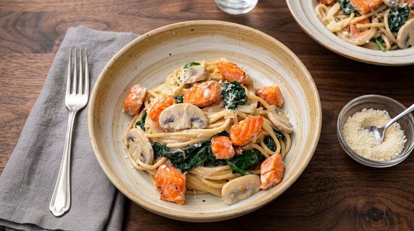Cremige Vollkorn-Pasta mit Lachs und Pilzen