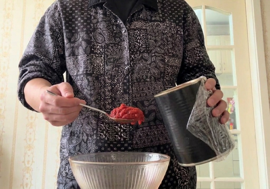 Eine Hand löffelt ganze geschälte Tomaten aus einer Konservendose in eine klare Glasschüssel.