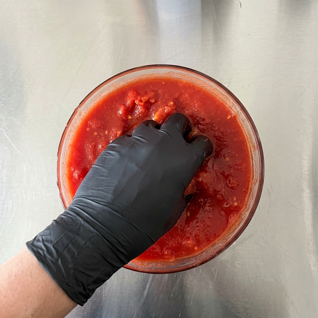 Eine Hand mit einem schwarzen Handschuh taucht in eine Glasschüssel und zerdrückt ganze rote Tomaten zu einer stückigen Sauce.