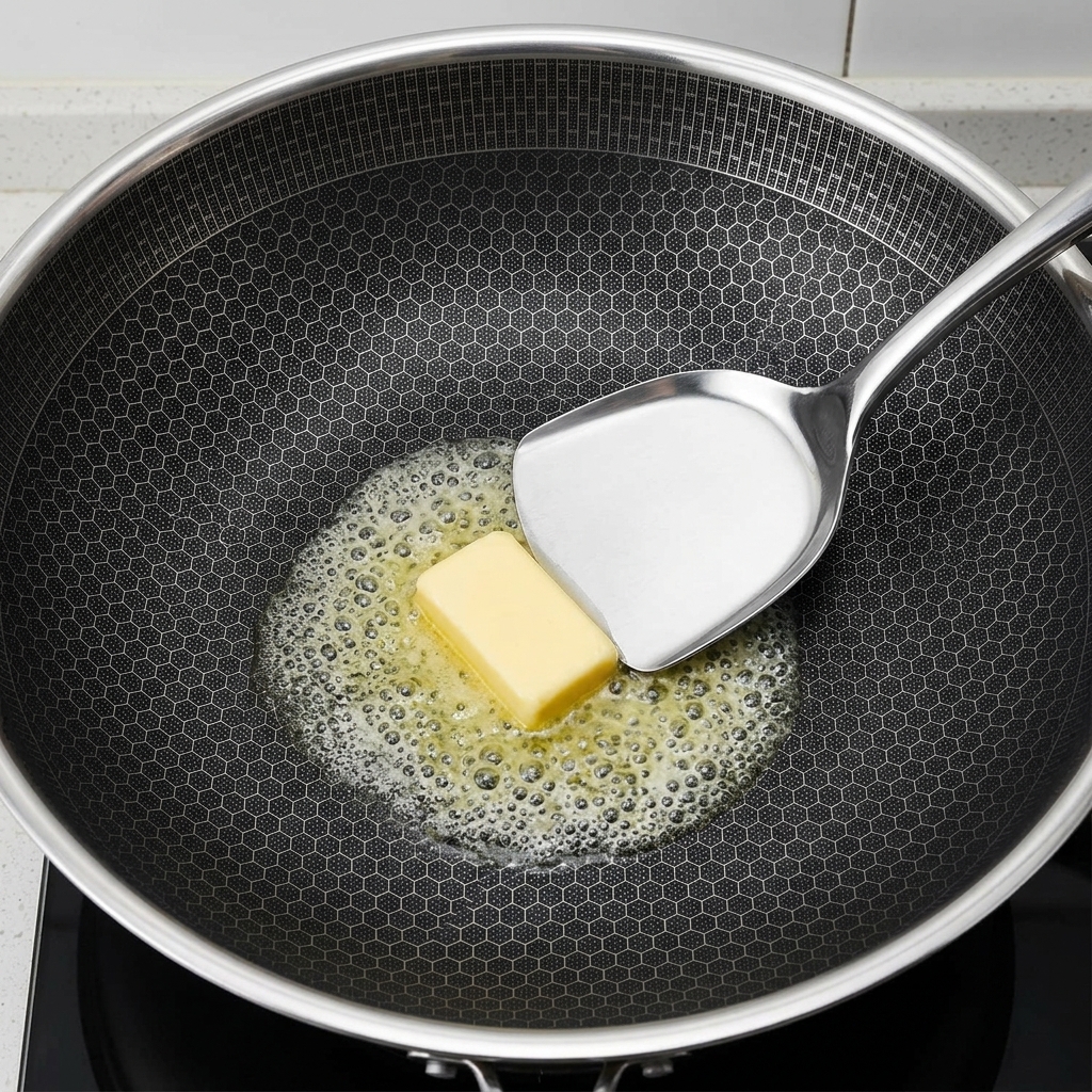 Ein Metallspatel rührt ein Stück Butter um, während es in einer heißen Pfanne schmilzt und schäumt.