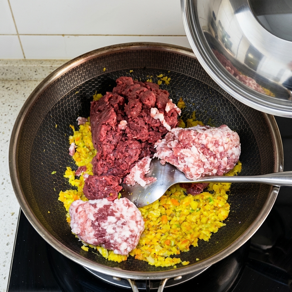 Rohes Rinder- und Schweinehackfleisch wird zu dem angeschwitzten Gemüse in die Pfanne gegeben.