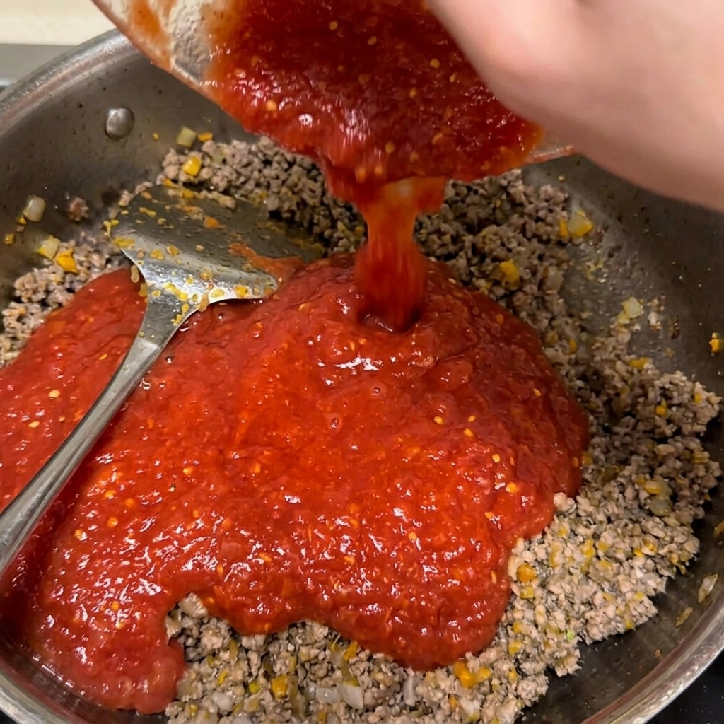 Zerdrückte Tomaten werden aus einer Schüssel in eine Pfanne mit Fleischsauce gegossen.