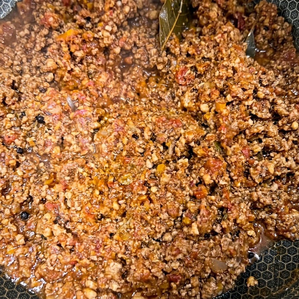 Eine Nahaufnahme einer dicken, stark reduzierten Bolognese-Fleischsauce in einer Pfanne mit sichtbaren ganzen schwarzen Pfefferkörnern.