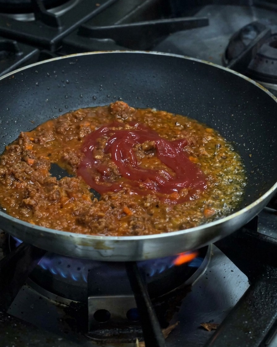 Rote Tomatensoße wird über einer blauen Gasflamme in eine Pfanne mit köchelnder Hackfleischmischung gegossen.
