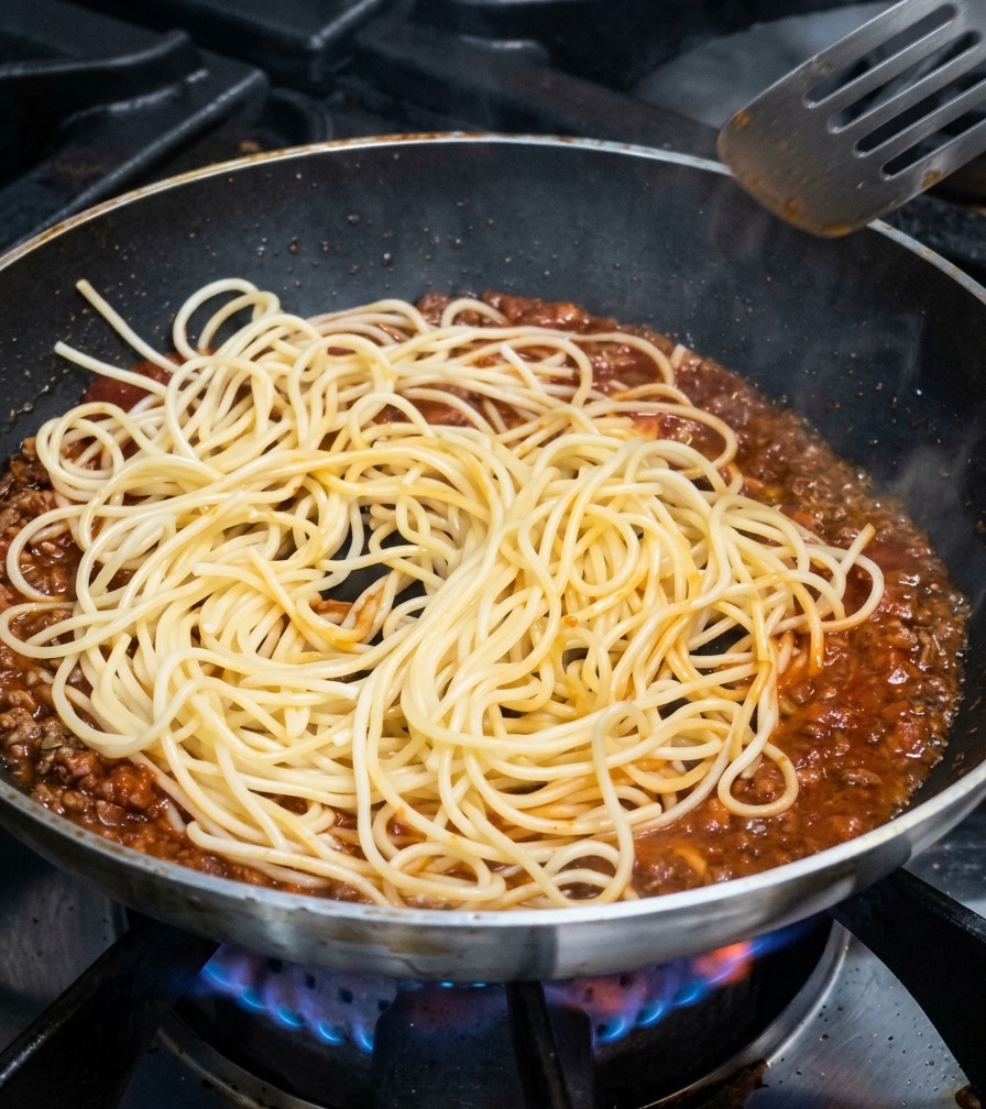 Gekochte Spaghetti-Nudeln werden auf eine blubbernde rote Fleischsoße in einer großen Pfanne gelegt.