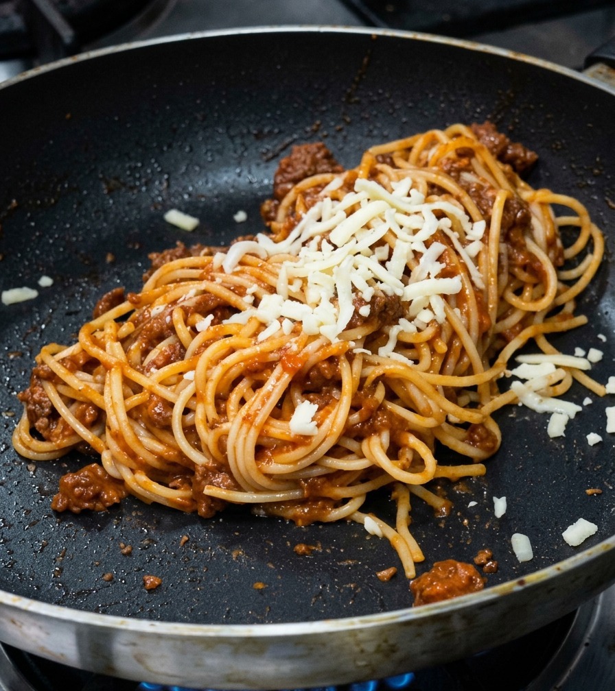 Geriebener heller Käse wird über einen Berg Spaghetti mit roter Soße in einer Bratpfanne gestreut.
