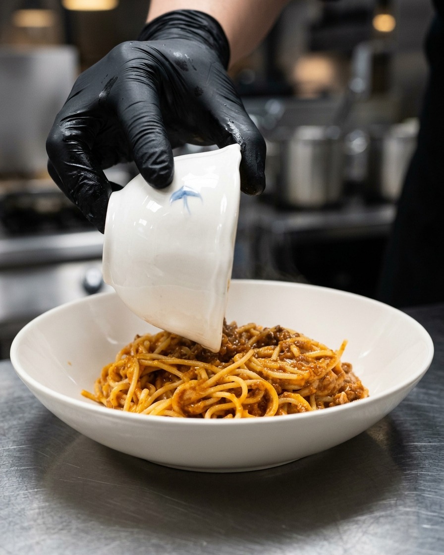 Eine Hand in einem schwarzen Handschuh gießt ein rohes Eigelb aus einer kleinen weißen Schale auf eine angerichtete Portion Spaghetti mit Fleischsoße.