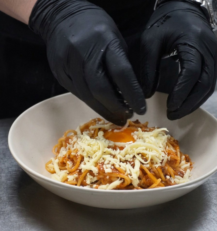 Behandschuhte Hände streuen geriebenen weißen Käse über eine Schale mit Spaghetti, die in der Mitte ein rohes Eigelb haben.