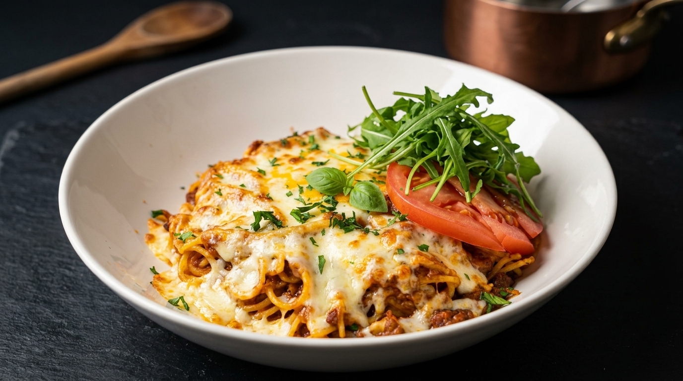 Überbackene Bolognese-Pasta mit geschmolzenem Käse und Eigelb