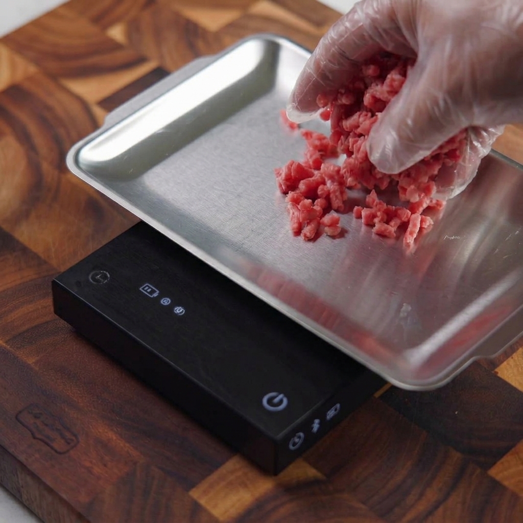 Eine behandschuhte Hand legt eine Handvoll rohes Hackfleisch auf ein Metalltablett, das auf einer schwarzen digitalen Küchenwaage steht.