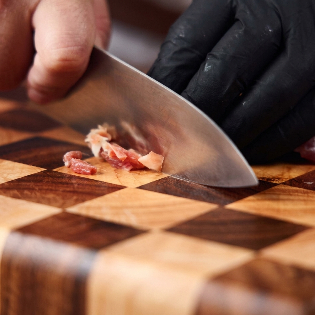Ein Koch schneidet italienische Pancetta mit einem scharfen Messer in kleine Stücke auf einem hölzernen Schneidebrett.
