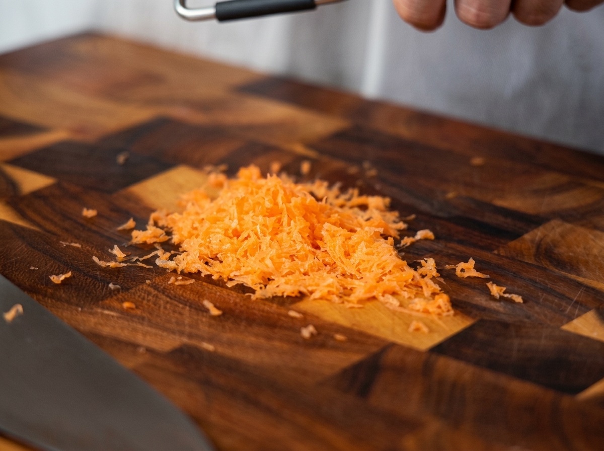 Ein Haufen hellorangefarbener geriebener Karotten liegt in der Mitte eines dunklen Holzschneidebretts.