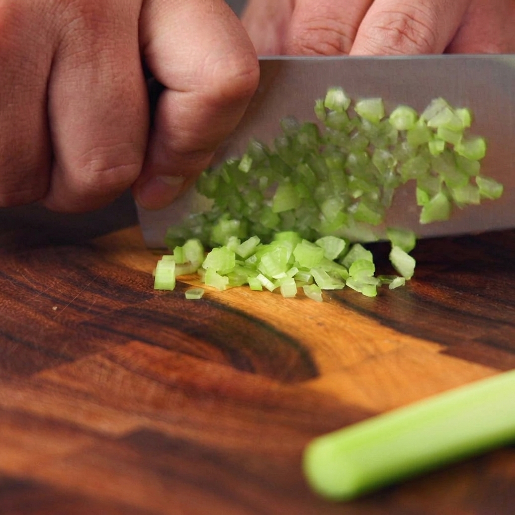 Hände würfeln eine grüne Selleriestange mit einem breiten Kochmesser in kleine Stücke auf einem Holzbrett.
