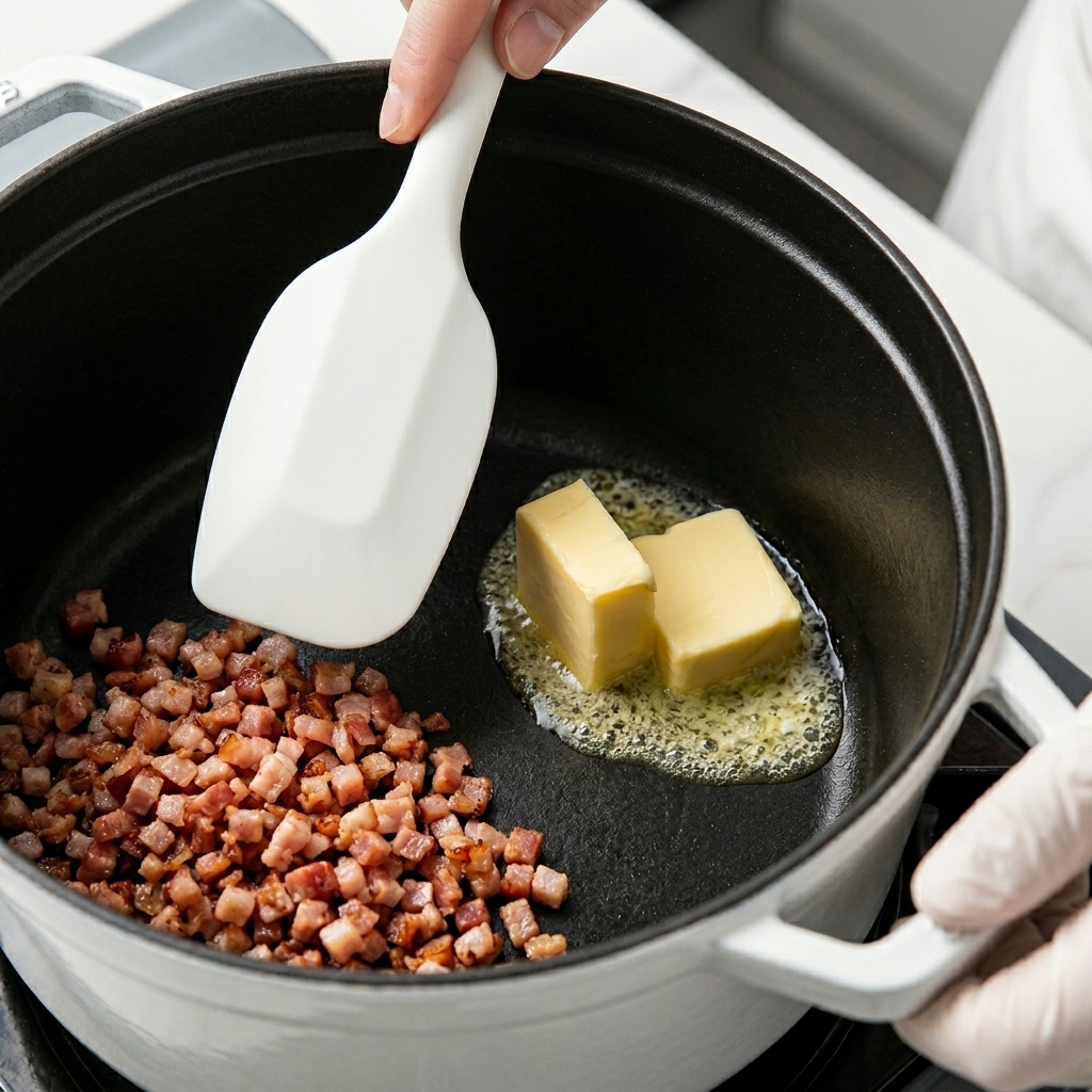 Zwei Stück Butter schmelzen in einem schwarzen Topf neben kleinen Stücken angebratener Pancetta.