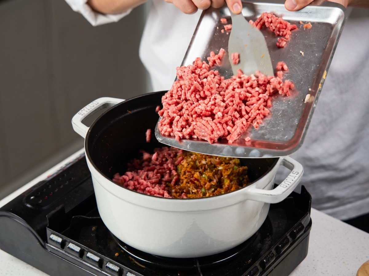 Hackfleisch wird von einem Metalltablett in einen Topf mit einer gegarten Gemüsemischung geschabt.