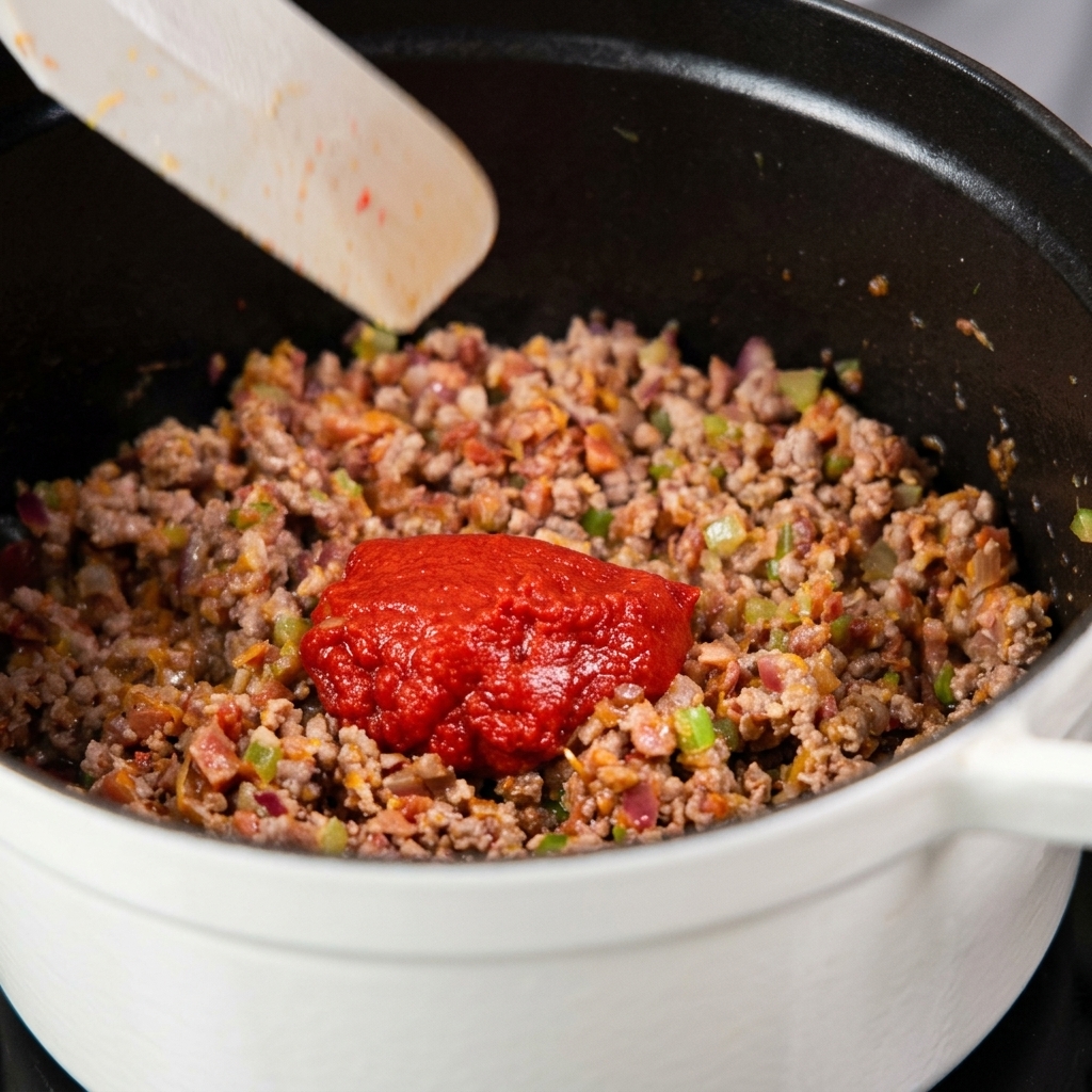 Ein großer Klecks hellrotes Tomatenmark sitzt auf gebratenem Hackfleisch und Gemüse in einem Topf.