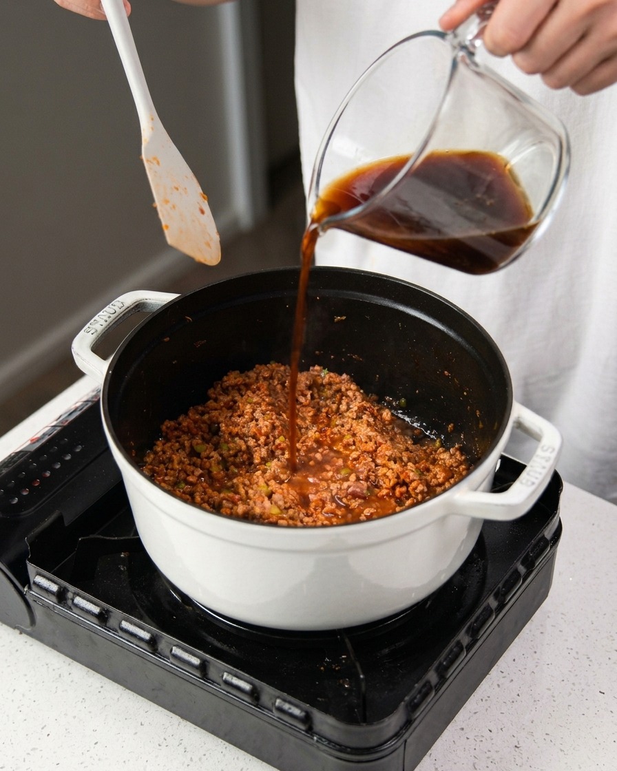 Rotwein wird aus einem Glasbecher in einen Topf mit köchelnder Fleisch- und Gemüsesauce gegossen.