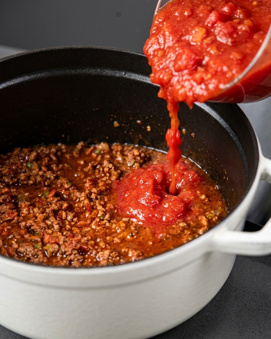 Dickflüssige stückige Tomaten werden aus einer Glasschüssel in die Fleischsaucenmischung gegossen.