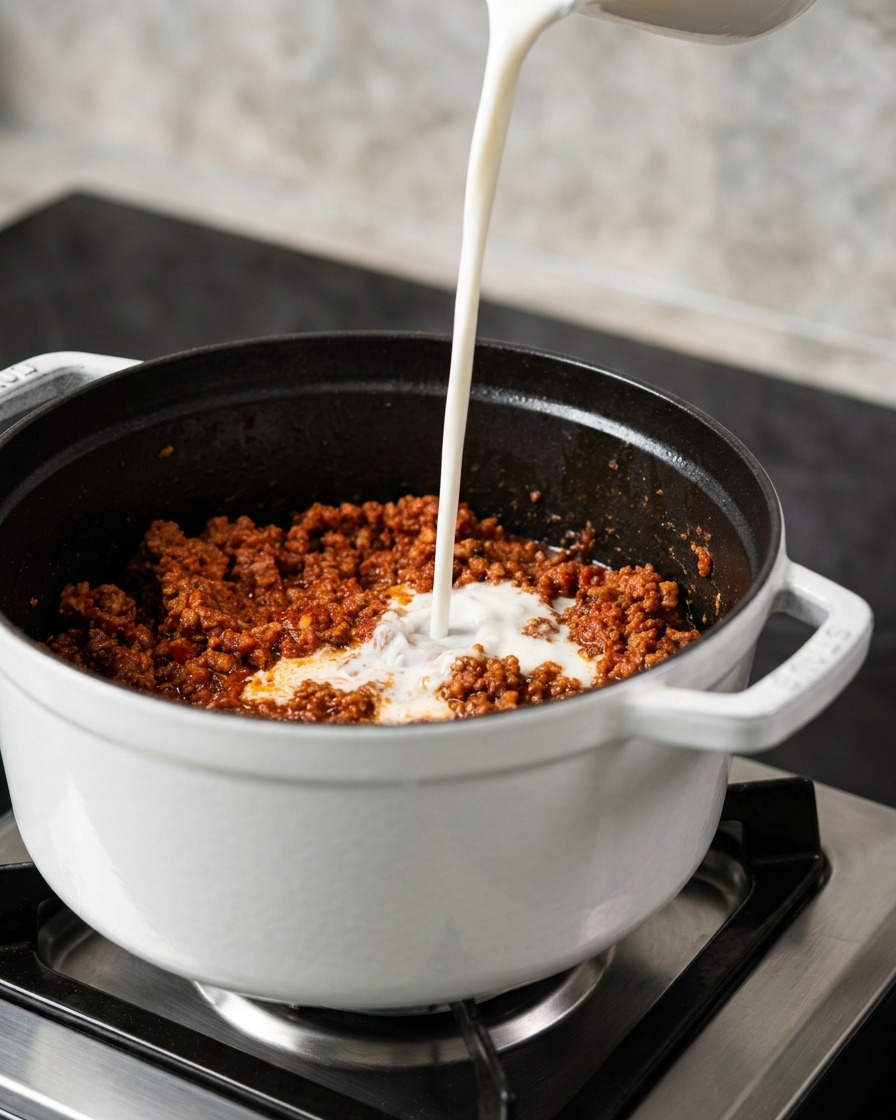 Ein Strahl weißer Milch wird in eine reichhaltige, dunkelrote Fleischsauce in einem weißen Topf gegossen.