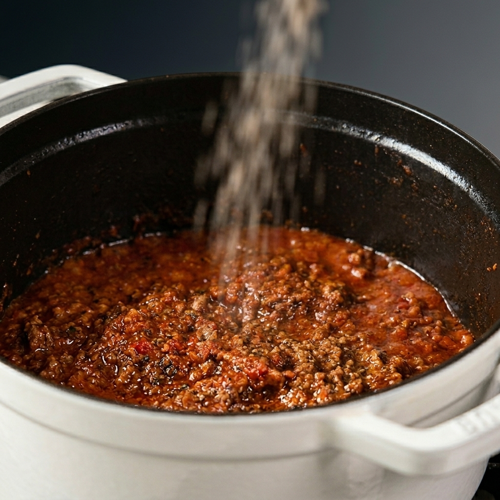 Meersalz und schwarzer Pfeffer werden über eine dicke, blubbernde Bolognese-Sauce in einem Topf gestreut.