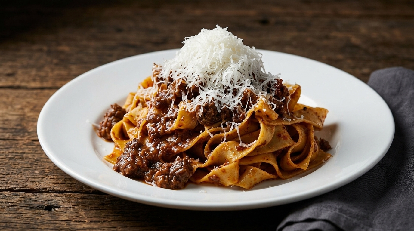 Goldene Tagliatelle-Bänder geschwenkt in einer reichhaltigen, kastanienbraunen Bolognese-Sauce, gekrönt von feinem Parmesan.