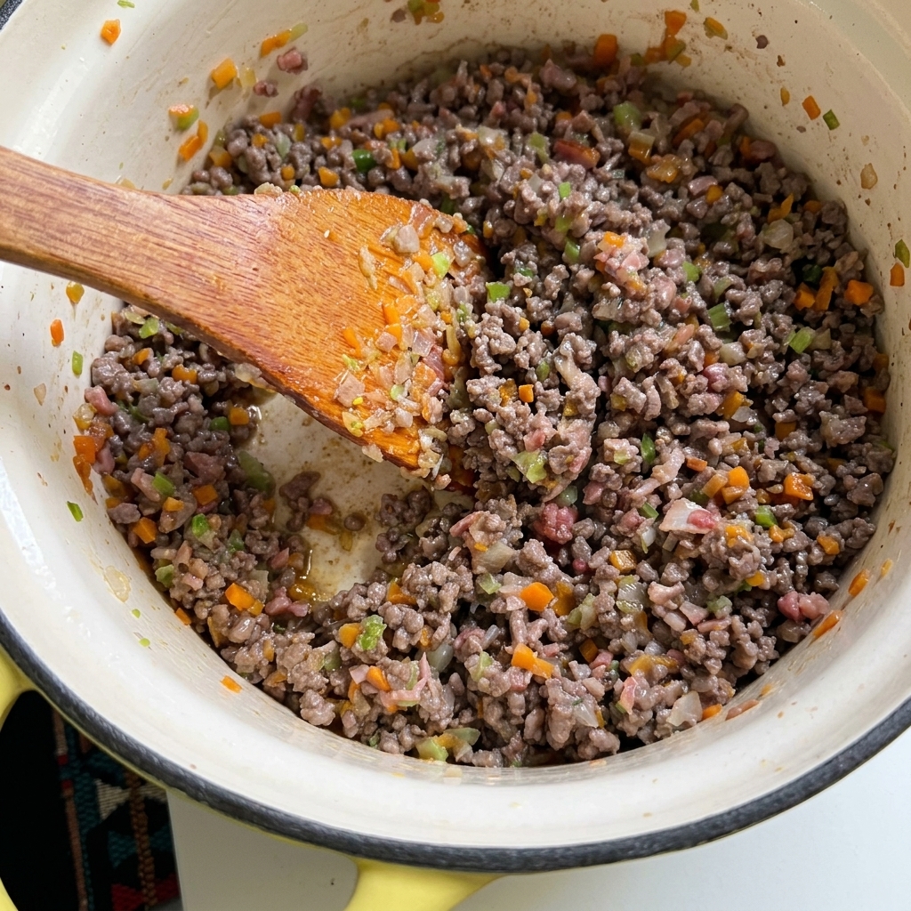 Gebratenes Hackfleisch und gewürfeltes Gemüse werden in einem Topf umgerührt; es zeigt sich eine gebräunte Textur ohne überschüssige Flüssigkeit.