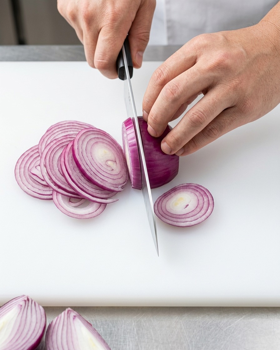 Draufsicht auf eine rote Zwiebel, die mit einem professionellen Kochmesser auf einem weißen Brett in dünne, gleichmäßige Streifen geschnitten wird.