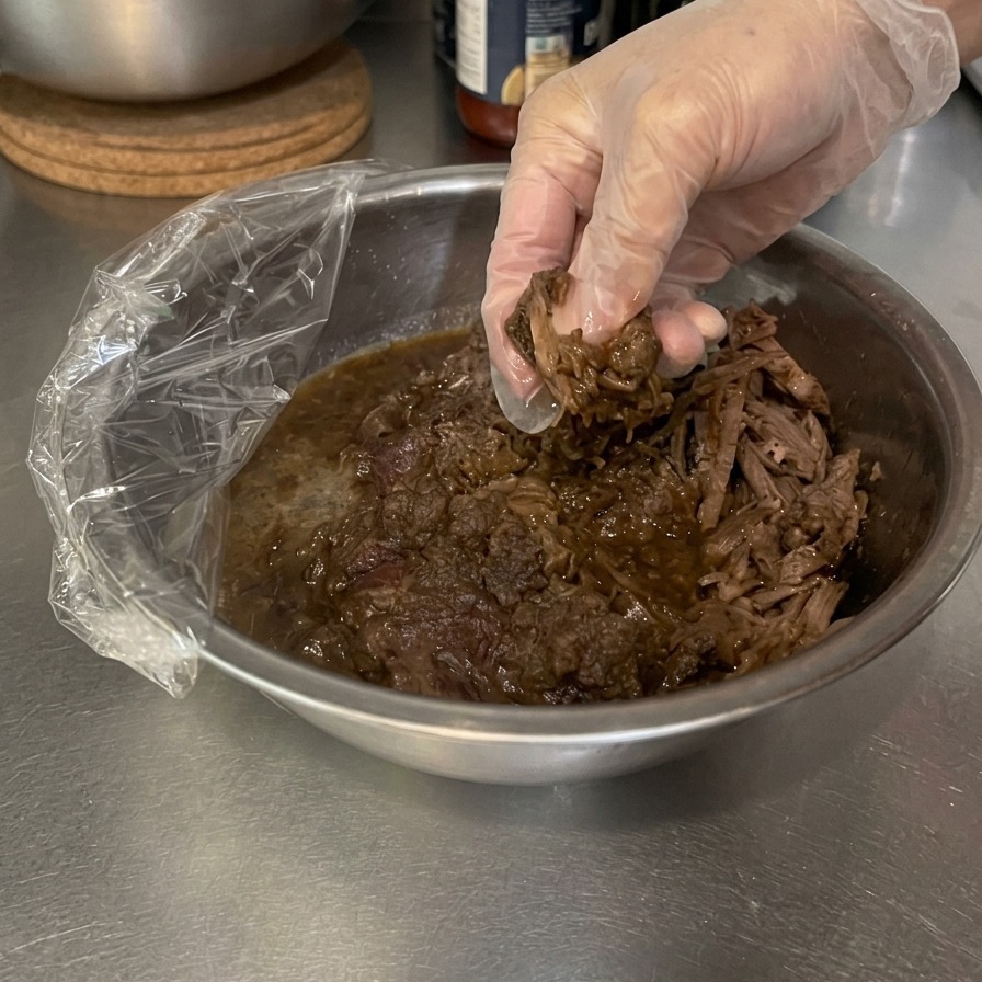 Eine behandschuhte Hand zerzupft zarte Stücke von langsam gegartem Rindfleisch in einer Edelstahlschüssel voller dunkler Sauce.