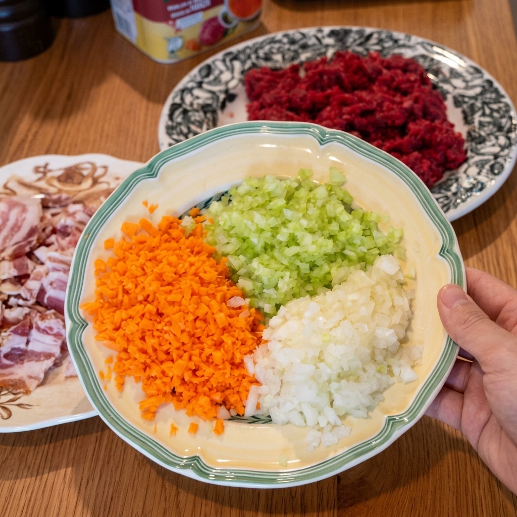 Ein bunter Teller mit drei separaten Haufen aus fein gewürfelten Karotten, hellem Staudensellerie und weißen Zwiebeln.