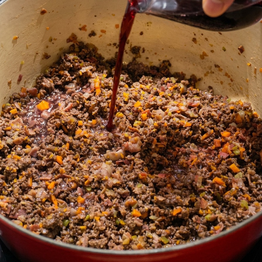 Rotwein wird aus einem klaren Glas in einen Topf mit angebratenem Hackfleisch und Gemüse gegossen.