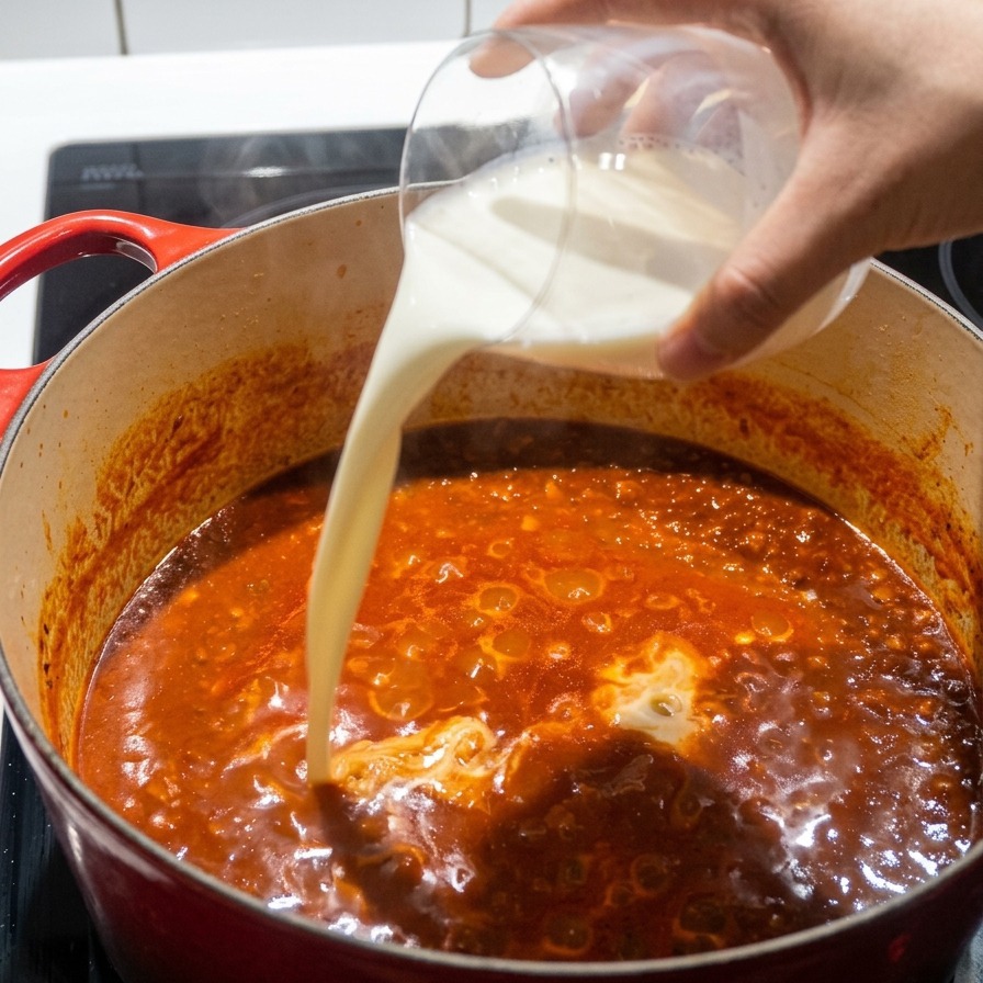 Frische weiße Milch wird in eine köchelnde, tiefrote Fleischsauce in einem roten Topf gegossen.