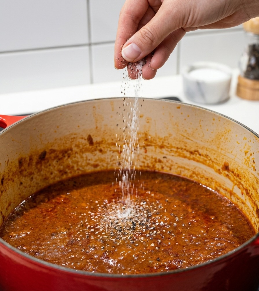 Eine Hand streut Salz und frisch gemahlenen schwarzen Pfeffer in einen roten Topf mit dicker, orangeroter Fleischsauce.